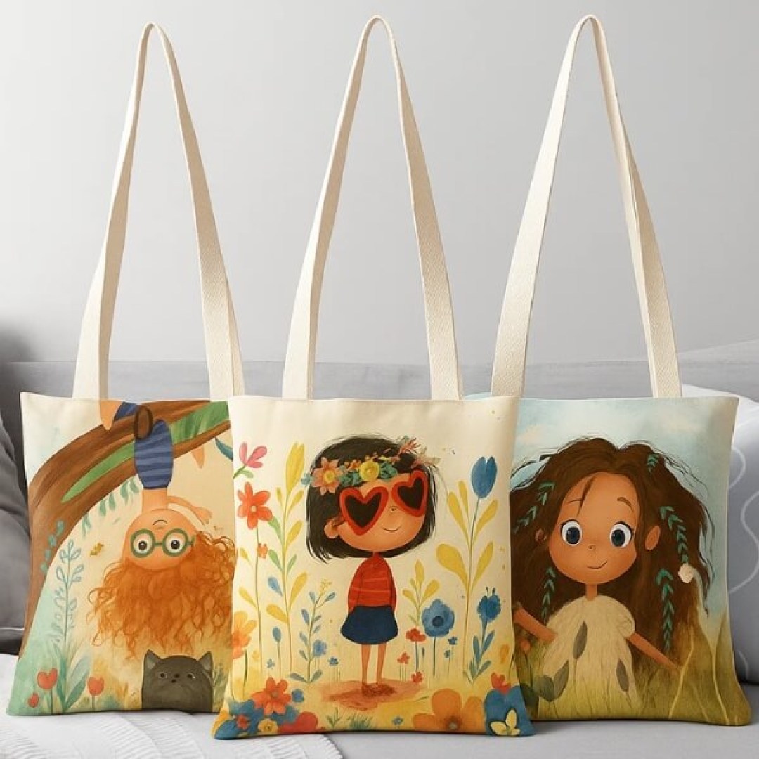 Υφασμάτινες χαρούμενες τσαντούλες με 3 υπέροχα σχέδια. Ιδανικές για νήματα, ψώνια ή βόλτα. Διαστάσεις: 36x32 εκ.